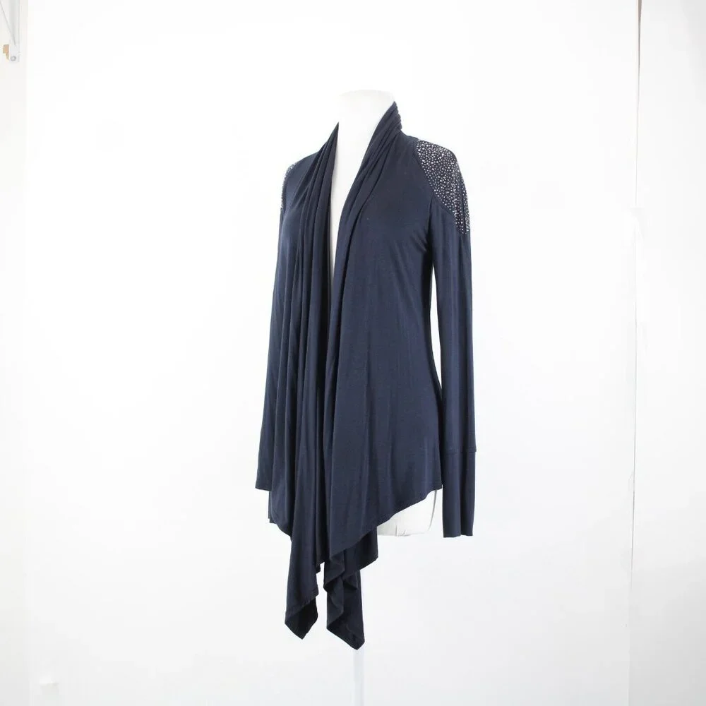S Twelve $59 Sz M Navy Blue Gunmetal Studded Shoulders Collared Rayon Wrap - Picture 13 of 16